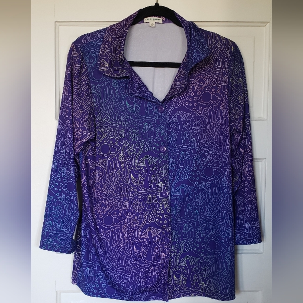 Earthbound Trading Co. Women's Button Down Shirt - Groovy Mushroom Print